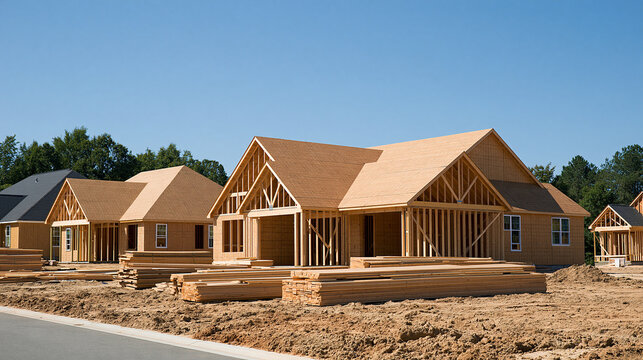 Modern residential houses under construction in a European-style suburban neighborhood, timber frames, roof structures and organized building materials, new housing, construction