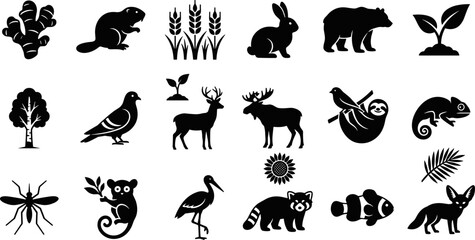 Obraz premium Collection of black silhouette icons featuring various animals plants and natural elements in a grid pattern.