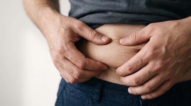 Man pinching belly fat overweight obesity concept close up