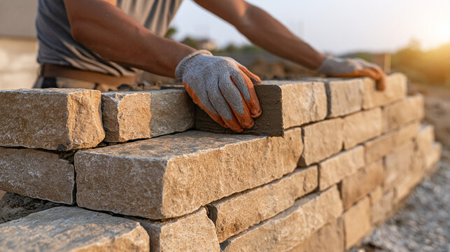 Professional stonemason installing natural stone veneer on a residential wall, gloved hands applying mortar carefully, construction site glowing in warm sunset light, masonry,
