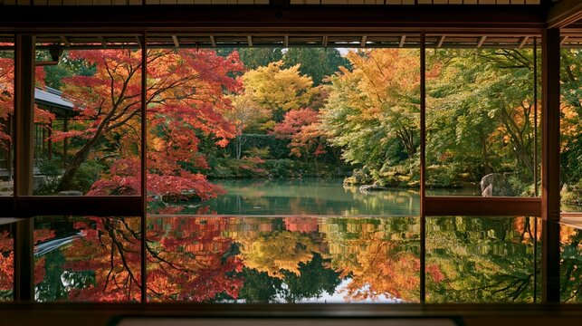 a traditional Japanese garden, captured through a series of large glass windows that allow a panoramic view of a tranquil pond reflecting the vibrant autumn foliage. The trees are adorned with red.