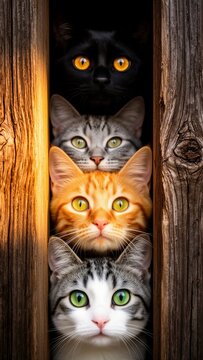 gatos, gato, felinos, gatos dom&eacute;sticos, cuatro gatos, grupo de gatos, gatitos, mascotas, animales dom&eacute;sticos, animales de compa&ntilde;&iacute;a, gato negro, gato atigrado, gato naranja, gato blanco y gris, ojos am