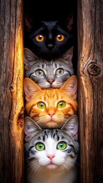 gatos, gato, felinos, gatos dom&eacute;sticos, cuatro gatos, grupo de gatos, gatitos, mascotas, animales dom&eacute;sticos, animales de compa&ntilde;&iacute;a, gato negro, gato atigrado, gato naranja, gato blanco y gris, ojos am