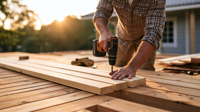 Carpenter working with an electric drill on an eco-friendly wooden house near a completed suburban property, warm sunset lighting, sustainable construction, timber framing,