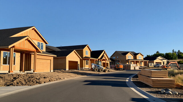 Expansive new-home construction site with several unfinished houses, timber framing, construction equipment and organized material storage, residential development, real estate,