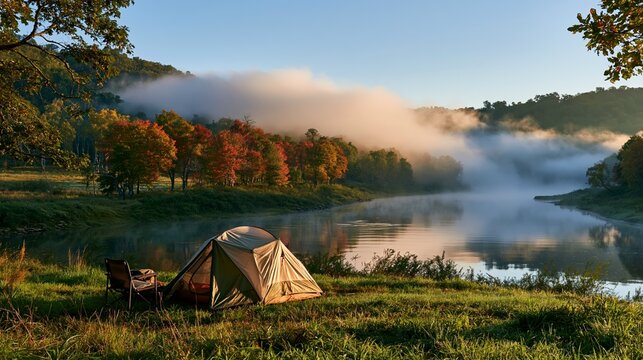 a serene lakeside scene during autumn. A tent pitched up on the bank of a calm lake, surrounded by lush greenery and trees displaying vibrant fall colors. The sky is a gradient of blue and orange.