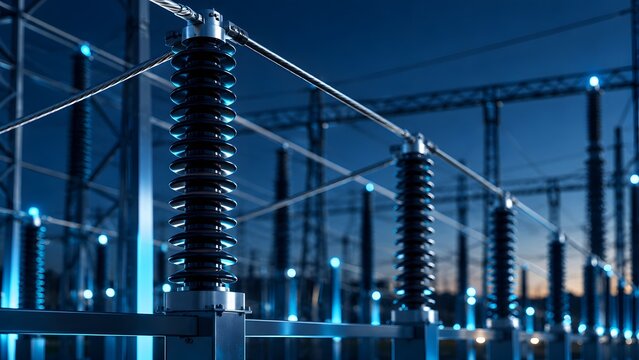 High voltage electrical substation at night with glowing blue insulators highlighting modern power grid technology.