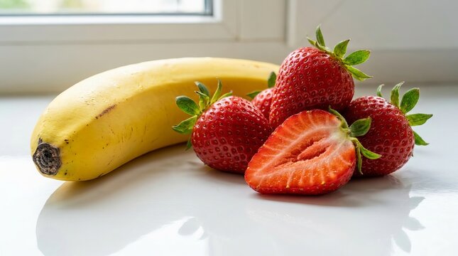 
Fresh strawberries and ripe banana on white surface