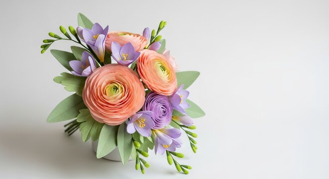 Handcrafted paper bouquet featuring peach ranunculus, lavender freesias, and sage leaves in a creative, elegant centerpiece arrangement, arrangement, aesthetic, papercraft