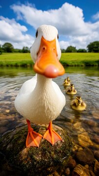 pato, pato blanco, pato dom&eacute;stico, ave acu&aacute;tica, aves, animal, fauna, ave de granja, pato nadando, patitos, cr&iacute;as de pato, familia de patos, madre y cr&iacute;as, polluelos, aves acu&aacute;ticas, estanque, lago, a