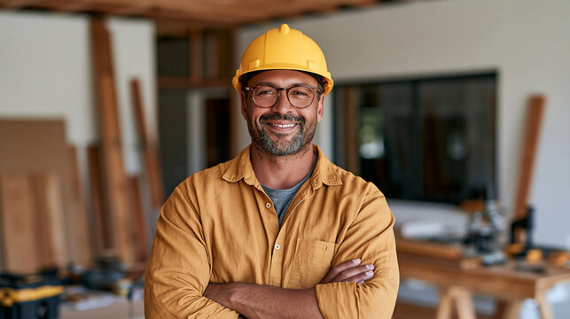Happy construction worker wearing a hardhat while working inside a home renovation project, authentic smile, tools and unfinished walls around him, contractor, renovation,