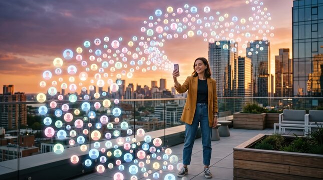 smiling female content creator holding smartphone on rooftop terrace at sunset with streaming digital profile icons