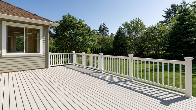 Newly constructed white backyard deck extending from a modern home, clean railing, natural daylight and minimalist residential architecture, outdoor renovation, home improvement,