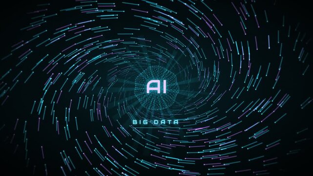 Abstract digital vortex of AI and Big Data with glowing particles swirling in a futuristic spiral motion