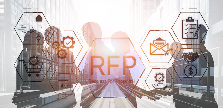 Business Collaboration Concept with RFP Signage Overlaid on Silhouettes of Professionals in Modern Office Environment. Bitwise.