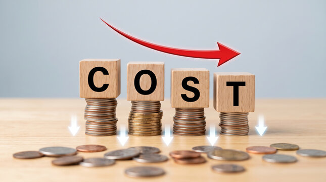 Coins stacked decrease cost with downward arrows and red curve. Finance investment recession crisis. money budget saving expense, value reduction down decayed, risk loss
