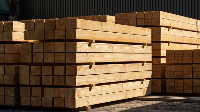 Collection of neatly stacked wooden construction elements at a building site, timber beams, boards and structural connectors, sustainable materials, carpentry, building supplies,