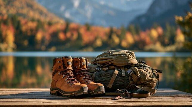 a pair of rugged, brown hiking boots and a large, green backpack placed on a wooden surface. The boots have a thick sole and laces, and the backpack has multiple compartments and straps.