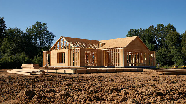 New residential house in progress with foundation, framed walls, construction materials and workers, realistic daylight photography, new build, home construction, property