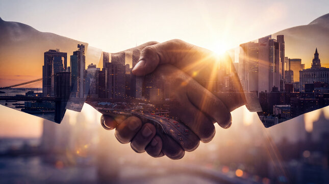 Double exposure of a handshake superimposed on a vibrant city skyline during sunset, symbolizing partnership and growth.