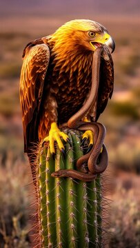 &aacute;guila, &aacute;guila rapaz, ave de presa, ave depredadora, ave salvaje, serpiente, serpiente marr&oacute;n, reptil, cactus, nopal, desierto, paisaje des&eacute;rtico, fauna silvestre, vida silvestre, naturaleza, depredad