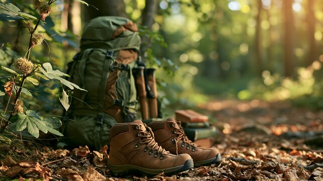 a forest scene captured during the golden hour. A pair of brown hiking boots and a green backpack are the main subjects. The boots have a rugged design with a thick sole and laces.