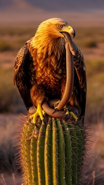&aacute;guila, &aacute;guila rapaz, ave de presa, ave depredadora, ave salvaje, serpiente, serpiente marr&oacute;n, reptil, cactus, nopal, desierto, paisaje des&eacute;rtico, fauna silvestre, vida silvestre, naturaleza, depredad