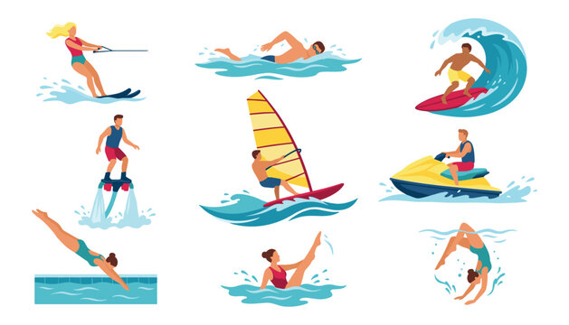 Collection of people participating in summer water sports surfing swimming diving and windsurfing flat vector illustration isolated