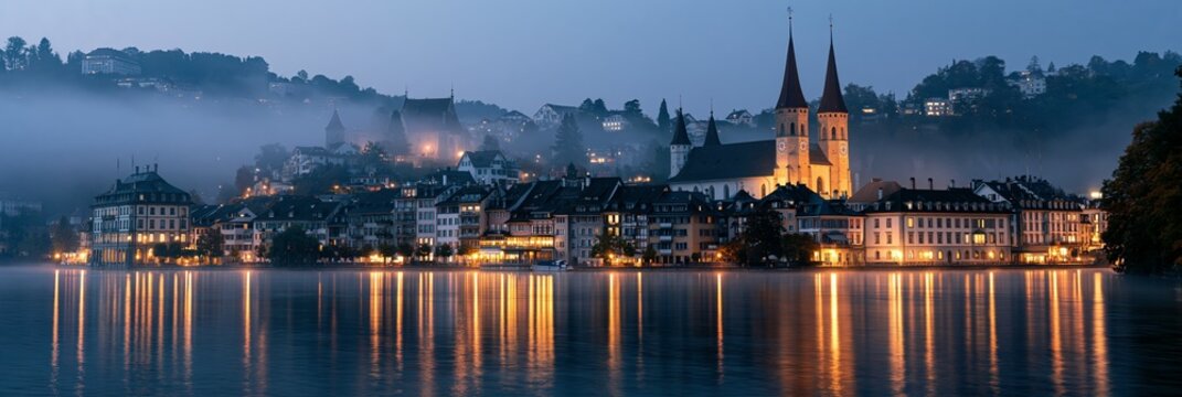 a picturesque town situated on the banks of a calm lake. The town is illuminated by warm, golden light, contrasting with the cool blues and purples of the evening sky.