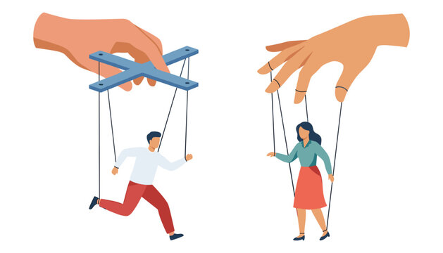 Conceptual flat vector illustration of puppet man and woman manipulated and controlled by giant human hands with strings