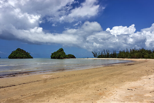 Scenic tropical sandy beach and blue sea at Hat Noppharat Thara in Krabi, Thailand