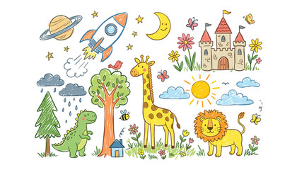 Obraz premium Cute kids doodle elements set with rocket ship dinosaur giraffe lion castle sun and moon flat vector illustration