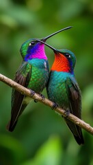 Obraz premium colibrí, colibríes, aves, pájaros, ave tropical, fauna, vida silvestre, naturaleza, polinizadores, polinización, dos aves, pareja de colibríes, aves posadas, rama, rama de árbol, plumaje, plumas iridi