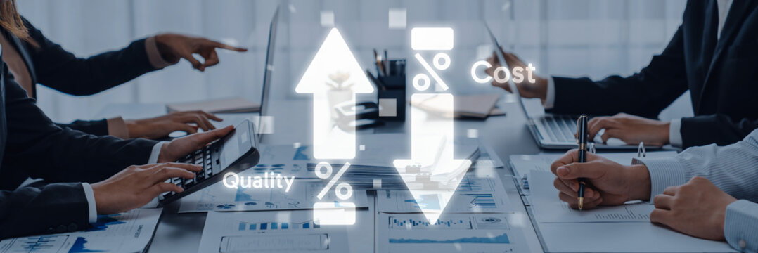 Team of professionals in a business meeting focus on strategies for cost reduction and quality improvement using charts and technology in a modern office setting. Trope