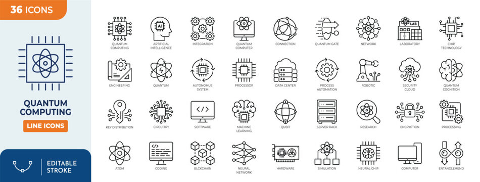 Quantum Computing icon set. Containing quantum, computing, science, technology, processor, chips, physics, and more. Editable stroke. Vector illustration