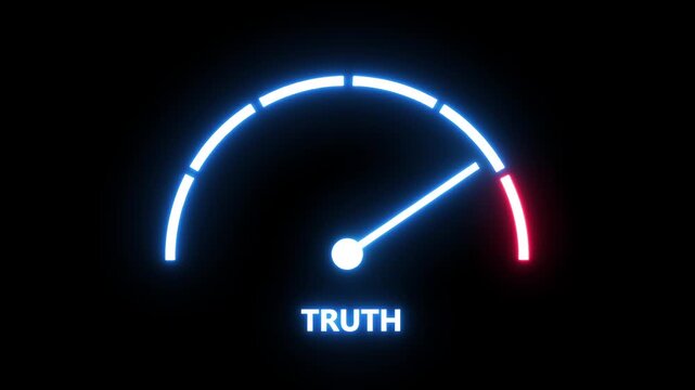 Dynamic neon truth gauge meter animation featuring a glowing indicator needle moving across a digital scale representing honesty, fact-checking, transparency, and verification concepts for modern