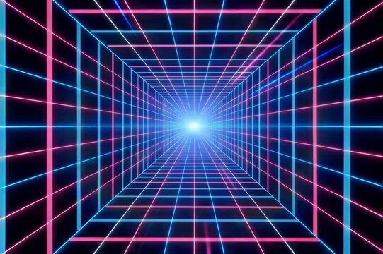 Seamless Neon Cyberpunk Grid Tunnel Loop with Glowing Blue and Pink Lights 4K