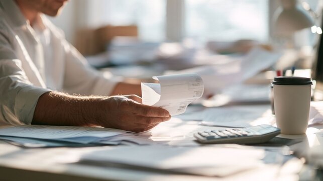 Accountant Reviewing Printed Invoices and Financial Documents at Office Desk