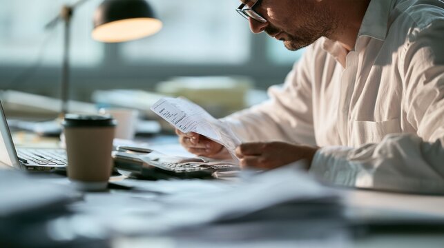 Financial Professional Reviewing Paperwork with Calculator in Modern Office