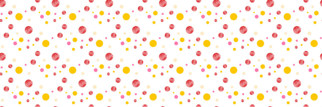 Polka seamless background with dot pattern red and yellow pink circle. Spot textured festive with texture fabric wrapping and paper print design.