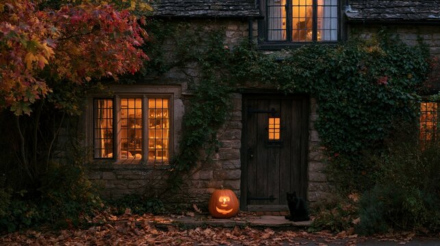 a rustic stone cottage during autumn. The cottage has a weathered appearance with moss and ivy growing on its walls. Two windows, each with a warm, amber light, allow the viewer to see the interior.