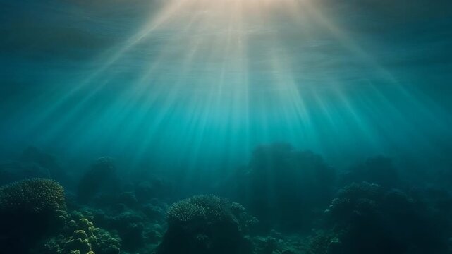 Rays of sunlight shining down into the deep sea over a shadowy ocean floor