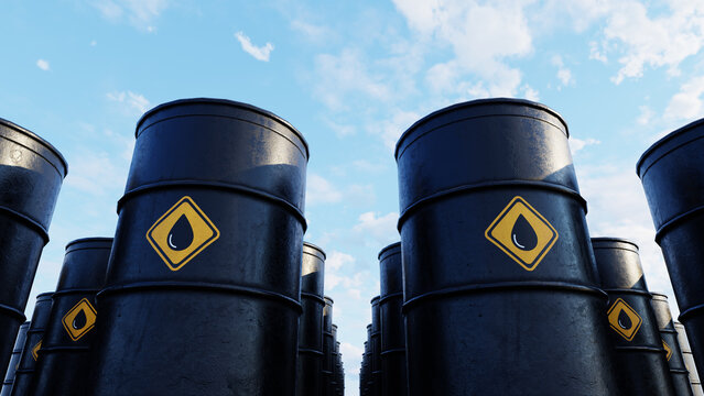 Crude oil drums with petroleum drop symbols against blue sky. Crude oil prices, oil market fluctuation, trade war, petroleum supply chain, energy industry. 3d render