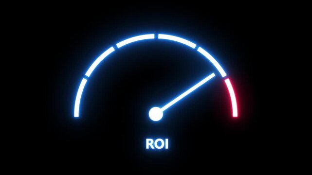 Dynamic neon roi gauge animation representing return on investment, financial growth, business performance metrics, data analytics, profitability tracking, and success measurement for corporate