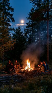 a forest depicts a group of individuals gathered around a campfire. The campfire is surrounded by tall pine trees, casting a warm glow on the surrounding foliage.