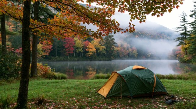 a serene forest scene during autumn. A green and orange tent is set up on a grassy meadow, surrounded by fallen leaves. A tranquil lake reflects the trees colors.