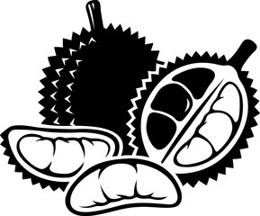 Black and White Vector Illustration Featuring Fresh Durian Fruit Clusters and Sliced Segments for Culinary and Tropical Food Design Projects © IMadePalguna