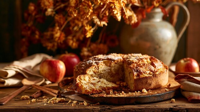 a rustic wooden table with a freshly baked apple cake. The cake has a goldenbrown crust and a slice taken out, revealing its creamy filling. A wooden spoon rests beside the cake.