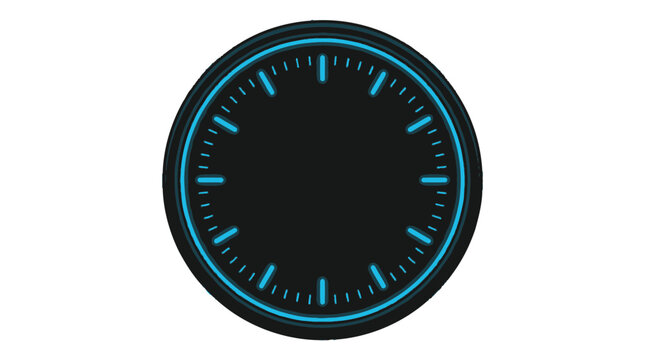 Digital graphic illustration of a futuristic black dial with glowing blue hour and minute markers, on white background, representing time, speed or progress concept.