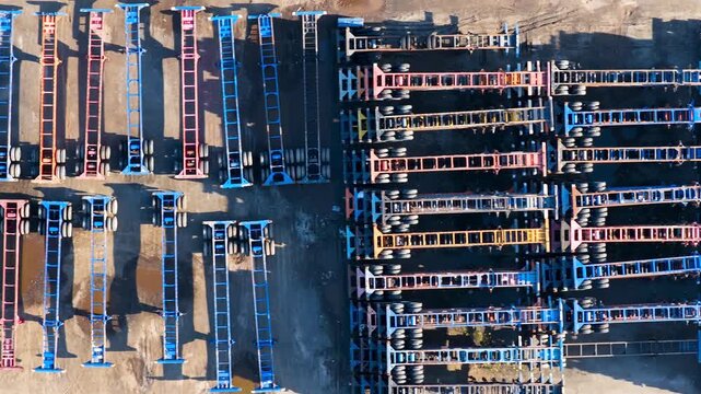 Aerial top down view of intermodal container chassis yard